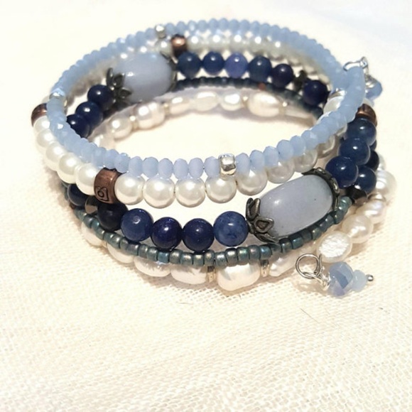 Shabby Chic 5 Layer Pearly Blue Lapis Bracelet - Picture 5 of 8